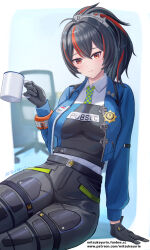  artist_name black_gloves black_hair black_pants blue_jacket blue_necktie blush breasts checkered_necktie closed_mouth coffee_mug collared_shirt commentary_request cup female gloves green_necktie hair_between_eyes highres holding holding_cup jacket large_breasts long_hair looking_at_viewer mitsukayurie mug multicolored_hair necktie orange_eyes orange_hair paid_reward_available pants police police_uniform policewoman shirt sidelocks signature sitting solo streaked_hair tight_clothes tight_pants white_shirt zenless_zone_zero zhu_yuan 