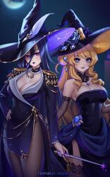  2girls alternate_costume artist_name bare_shoulders black_dress black_hat blonde_hair blue_hair breasts choker cleavage clorinde_(genshin_impact) cowboy_shot detached_collar dress drill_hair drill_sidelocks elbow_gloves genshin_impact gloves hair_between_eyes hat hat_feather highres holding holding_wand large_breasts long_hair looking_at_viewer multiple_girls navia_(genshin_impact) pantyhose purple_eyes purple_lips red_lips sidelocks standing strapless strapless_dress thighs tomatolaccoon very_long_hair wand witch_hat 