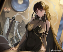  1913_(warship_girls_r) alternate_costume bare_shoulders black_dress black_hair blush breasts bridal_gauntlets brown_eyes cleavage covered_navel detached_sleeves dress earrings female hair_bun hairband highres indoors jewelry large_breasts long_hair looking_at_viewer mole mole_under_mouth parted_bangs pelvic_curtain see-through_clothes single_side_bun sitting smile solo thighhighs very_long_hair warship_girls_r weibo_logo weibo_watermark zhongjironghe_x 