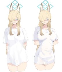  animal_ear_fluff animal_ears arms_behind_back bare_legs blonde_hair blue_archive blue_eyes breasts closed_mouth embarrassed female gurenola hair_over_one_eye highres kanna_(blue_archive) large_breasts long_hair loose_clothes loose_shirt sharp_teeth shirt short_sleeves smile sweatdrop teeth tight_clothes tight_shirt white_shirt 