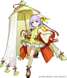  bare_shoulders breasts dress fate/grand_order fate_(series) female full_body green_dress hair_ribbon jacket kazuradrop_(fate) looking_at_viewer off_shoulder official_art oil-paper_umbrella purple_eyes purple_hair ribbon short_hair small_breasts smile solo umbrella wada_arco yellow_ribbon 