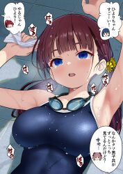  3girls armpits blue_eyes blue_one-piece_swimsuit blunt_bangs breasts brown_hair commentary_request competition_school_swimsuit empty_eyes goggles goggles_around_neck highres hiyori_(wakana_hanabi) large_breasts low_twintails lying multiple_girls one-piece_swimsuit open_mouth oppai_loli original school_swimsuit solo_focus swimsuit teeth towel translation_request twintails upper_body upper_teeth_only wakana_hanabi wet wet_clothes wet_swimsuit 