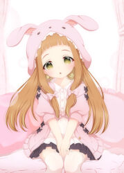  animal_hood black_bow blurry blurry_background bow brown_hair collarbone commentary_request curtains depth_of_field dress female fingernails garter_straps hairbow hands_on_own_thighs heart heart_in_eye highres hood hooded_jacket hoodie hosizora_mikoto ichihara_nina idolmaster idolmaster_cinderella_girls jacket jewelry jirai_kei knees_together_feet_apart long_hair looking_at_viewer nail_polish open_clothes open_hoodie pillow pink_bow pink_jacket pink_nails rabbit_hood ring sitting staring symbol_in_eye thighhighs white_dress white_thighhighs yellow_eyes 