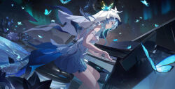  absurdres armlet blue_butterfly blue_hair bug butterfly commentary dress dutch_angle female from_side highres hishiki_(pixi14719710) instrument jewelry long_hair music playing_instrument playing_piano purple_eyes sitting sleeveless sleeveless_dress solo the_shorekeeper_(wuthering_waves) veil water white_dress white_veil wuthering_waves 