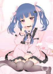  bag black_bow black_choker black_ribbon black_thighhighs blue_hair blunt_bangs blurry blurry_background bow cat_hair_ornament choker collarbone commentary_request curtains depth_of_field dress female garter_straps hair_ornament hair_ribbon hand_on_own_thigh heart heart_in_eye highres hosizora_mikoto idolmaster idolmaster_cinderella_girls jewelry jirai_kei knees_together_feet_apart long_hair long_sidelocks pillow pink_bow pink_dress pink_ribbon playing_with_own_hair purple_eyes ribbon ring sajo_yukimi sidelocks sitting smile solo symbol_in_eye thighhighs twintails wariza 