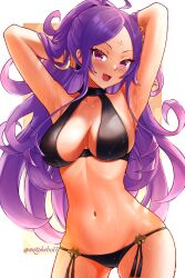  ahoge armpits arms_up bare_shoulders bikini black_bikini breasts cleavage collarbone facial_mark fate/grand_order fate_(series) female forehead forehead_mark hair_ornament highres large_breasts long_hair looking_at_viewer motokebo17 navel open_mouth parted_bangs ponytail purple_eyes purple_hair sidelocks smile solo swimsuit thighs very_long_hair wet wu_zetian_(fate) wu_zetian_(swimsuit_caster)_(fate) wu_zetian_(swimsuit_caster)_(third_ascension)_(fate) 