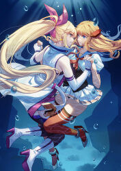  2girls aer_(tengqiu) blonde_hair blue_eyes boots bubble earrings elbow_gloves eye_contact gloves hair_ribbon high_heel_boots high_heels highres holding_hands hornet_(warship_girls_r) jewelry long_hair looking_at_another multiple_girls northampton_(warship_girls_r) pleated_skirt ponytail ribbon sailor_collar short_sleeves skirt thighhighs underwater very_long_hair warship_girls_r white_footwear white_gloves white_skirt yuri 