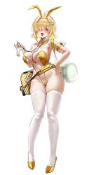  absurdres ahoge alternate_costume animal_ears bag bare_shoulders blonde_hair breasts cleavage clip_studio_paint_(medium) cosplay elegg_(nikke) fake_animal_ears female goddess_of_victory:_nikke gold_bowtie gold_footwear hair_ornament hair_over_eyes high_heels highleg highleg_leotard highres id_photo large_breasts leotard looking_at_viewer mary_(medical_rabbit)_(nikke) mary_(nikke) mary_(nikke)_(cosplay) oerba_yun_fang open_mouth playboy_bunny purple_eyes rabbit_ears see-through_clothes see-through_leotard short_hair shoulder_bag skin_fang solo thighhighs thighs white_background white_thighhighs yerim 