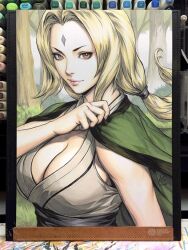  art_tools_in_frame blonde_hair breasts brown_eyes bush cleavage eyelashes facial_mark female forehead_mark highres japanese_clothes large_breasts low_twintails naruto_(series) solo stanley_lau traditional_media tree tsunade_(naruto) twintails upper_body 