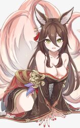  absurdres animal_ears bare_shoulders breasts brown_hair brown_kimono cleavage female fingernails fox_ears fox_girl fox_tail green_eyes grey_background hair_between_eyes highres honkai:_star_rail honkai_(series) japanese_clothes kimono long_hair long_sleeves looking_at_viewer medium_breasts multiple_tails nail_polish red_nails simple_background solo tail tingyun_(honkai:_star_rail) tomatology3 wide_sleeves 