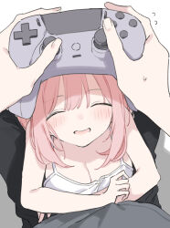  1boy bare_arms black_pants blush breasts cleavage closed_eyes controller facing_viewer female fingernails flying_sweatdrops fujiyama game_controller grey_shirt highres holding holding_controller holding_game_controller huge_breasts long_hair open_mouth original pants pink_hair shirt simple_background smile solo_focus sweat tank_top white_background white_tank_top 