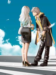  1boy aqua_hair black_coat black_footwear black_gloves black_pants black_skirt blue_sky caelus_(honkai:_star_rail) cloud coat day female firefly_(honkai:_star_rail) gloves gradient_hair grey_hair high_heels honkai:_star_rail honkai_(series) leaning_forward long_hair multicolored_hair notgustiarp pants shirt skirt sky smile trailblazer_(honkai:_star_rail) very_long_hair white_shirt 