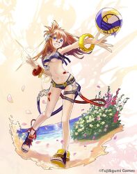  ball bandaid bandaid_on_face bandaid_on_nose beach bikini blue_bikini blue_eyes blue_footwear brown_hair company_name female full_body gridarvol long_hair looking_at_viewer navel no_socks official_alternate_costume official_art outdoors outstretched_arm phantom_of_the_kill pink_petals second-party_source simple_background solo swimsuit teeth toeless_footwear volleyball_(object) watarubou weapon_background 