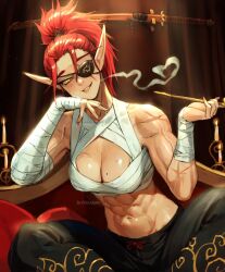  abs bandaged_arm bandages black_pants breasts candle cleavage eyepatch female high_ponytail highres holding holding_smoking_pipe original pants pointy_ears red_hair robusta_mania sarashi sitting smoking_pipe solo yellow_eyes 