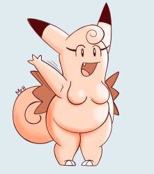  belly breasts clefable curled_hair curled_tail el_senor_erizo fangs female generation_1_pokemon hair hi_res nintendo open_mouth overweight pink_body pokemon pokemon_(species) slightly_chubby smile solo tail teeth thick_thighs wide_hips wings 