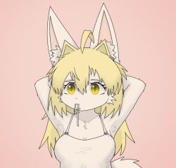  anthro blonde_hair canid canine clothing dress female fox fur hair hand_behind_head hi_res kemono kemonoyao mammal pink_background sayu_(kemonoyao) simple_background solo white_body white_fur yellow_eyes 