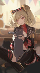  absurdres animal black_jacket black_thighhighs blonde_hair blurry blurry_background burnice_white closed_mouth commentary eyewear_on_head feline female grey_cat highres holding holding_animal holding_cat jacket jiang_zhuti_jiojio long_sleeves looking_at_viewer red_eyes short_hair sitting smile solo sunglasses symbol-only_commentary thighhighs twintails zenless_zone_zero 