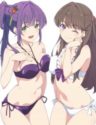  2girls :d ;) alternate_costume asymmetrical_docking bikini blush breast_press breasts brown_hair cleavage closed_mouth collarbone cowboy_shot criss-cross_halter flower frilled_bikini frills front-tie_bikini_top front-tie_top fujishima_megumi green_eyes hair_bun hair_flower hair_ornament halterneck hashtag-only_commentary link!_like!_love_live! lone_nape_hair long_hair love_live! medium_breasts multiple_girls nagi_mkrnpn one_eye_closed open_mouth otomune_kozue purple_bikini purple_eyes purple_hair red_flower side-tie_bikini_bottom side_ponytail sidelocks simple_background single_side_bun smile split_mouth swimsuit teeth two_side_up upper_teeth_only virtual_youtuber white_background white_bikini 