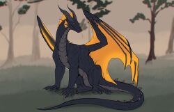  belly_scales black_body black_claws black_horn black_scales claws darlsol&#039; dragon feral grass horn male membrane_(anatomy) mythological_creature mythological_scalie mythology orange_membrane plant scales scalie sitting solo tree zackmar 