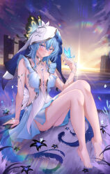  absurdres armlet bare_legs barefoot blue_butterfly blue_hair blue_nails blue_pupils blue_veil blush breasts bug butterfly butterfly_on_hand collarbone commentary_request dress feet female hair_between_eyes highres jewelry large_breasts legs long_hair looking_at_viewer nail_polish parted_lips purple_eyes shinigami_kiraki sitting sleeveless sleeveless_dress solo the_shorekeeper_(wuthering_waves) toenail_polish toenails toes two-tone_veil veil white_dress white_veil wuthering_waves 