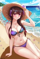  absurdres bare_arms beach bikini black_hair blue_sky blush braid breasts brown_hair cleavage closed_mouth cloud collarbone day eyewear_on_head female hair_ornament hair_ribbon hat hat_ribbon highres horizon lens_flare long_hair looking_at_viewer medium_breasts navel ocean original outdoors purple_bikini purple_eyes ribbon shell shem_kako side-tie_bikini_bottom sitting sky smile solo starfish straw_hat summer sun_hat swimsuit twin_braids x_hair_ornament 