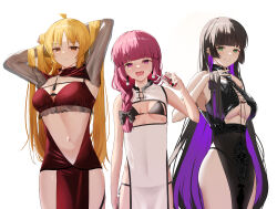  3girls absurdres alternate_costume babydoll black_dress black_hair blonde_hair bocchi_the_rock! breasts bureoeve china_dress chinese_clothes colored_inner_hair dress green_eyes highres hime_cut hiroi_kikuri ijichi_seika long_hair looking_at_viewer multicolored_hair multiple_girls pa-san piercing pink_hair revealing_clothes smile 