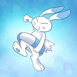  2024 2024_pokemon_gigaleak 3_fingers 3_toes ambiguous_gender anthro beta_pokemon_games blue_background blue_body blue_fur closed_eyes english_description feet fingers fur hi_res lagomorph mammal nintendo open_mouth pawpads pokemon puppyrex serious simple_background solo tail toes warabbit white_body white_fur 