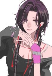  black_hair breasts cleavage commentary earphones female hair_over_eyes highres interlocked_fingers lanyard looking_at_viewer naruse_chika off_shoulder own_hands_together parted_bangs path_to_nowhere pink_eyes shawn_(path_to_nowhere) short_hair sideways_glance single_sleeve_past_wrist sleeve_rolled_up smile solo upper_body wristwear 