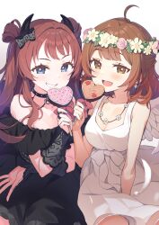  2girls ahoge black_dress black_horns blue_eyes breasts brown_eyes brown_hair cleavage commentary_request dress flower flower_necklace gakuen_idolmaster hanami_saki hanami_ume head_wreath highres horns idolmaster long_hair looking_at_viewer medium_breasts multiple_girls red_hair siblings simple_background sisters smile tam-u white_background 