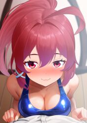  1boy ahoge blue_one-piece_swimsuit blush breasts dorachan_r female from_above hair_ribbon highres i-168_(kancolle) kantai_collection large_breasts long_hair nose_blush one-piece_swimsuit ponytail pov red_eyes red_hair ribbon school_swimsuit short_sleeves smile solo_focus swimsuit 