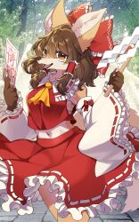  absurd_res accessory anthro brown_hair canid canine clothed clothing female fox fur hair hair_accessory hi_res kemono lemoco looking_at_viewer mammal reimu_hakurei ribbons smile solo touhou 