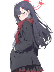  absurdres black_hair black_jacket blue_archive blush breasts coat duffel_coat female grey_eyes hair_ornament hairclip halo hand_in_pocket highres hiroikara_(smhong04) ichika_(blue_archive) jacket large_breasts long_hair looking_at_viewer looking_back pleated_skirt red_halo red_scarf scarf shirt simple_background skirt solo white_shirt 