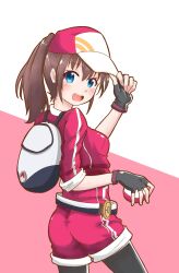  backpack bag black_pantyhose blue_eyes blush brown_hair cowboy_shot female female_protagonist_(pokemon_go) fingerless_gloves gloves hand_on_headwear hand_up hat highres holding holding_poke_ball jacket long_hair mixed-language_commentary open_mouth pae_(ac40935_m41) pantyhose pink_hat pink_jacket pink_shorts poke_ball poke_ball_(basic) pokemon pokemon_go ponytail shorts solo teeth upper_teeth_only white_hat 