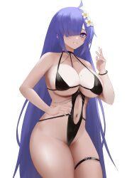  absurdres azur_lane black_one-piece_swimsuit breasts cleavage female flower hair_flower hair_ornament hair_over_one_eye heart heart-shaped_pupils highres long_hair mogador_(azur_lane) mogador_(locker_room_lechery)_(azur_lane) mole mole_on_breast navel obniermarbiss official_alternate_costume one-piece_swimsuit purple_eyes purple_hair simple_background smile solo standing swimsuit symbol-shaped_pupils very_long_hair white_background white_flower 