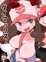  arm_up bag baseball_cap between_breasts big_hair black_vest blue_eyes blue_shorts breasts brown_hair chibi exposed_pocket eyebrows_visible_through_hat female from_above hand_on_own_hip hat highres hilda_(pokemon) holding holding_poke_ball imagining impossible_clothes impossible_shirt kurachi_mizuki looking_at_viewer medium_breasts open_clothes open_mouth open_vest poke_ball poke_ball_(basic) pokemon pokemon_bw redrawn shirt shorts shoulder_bag sleeveless sleeveless_shirt smile strap_between_breasts thought_bubble v-shaped_eyebrows vest white_shirt 