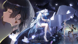  2girls absurdres armlet bare_legs black_flower black_hair blake_bloom_(wuthering_waves) blue_veil character_name commentary copyright_name dress earrings english_commentary feet female_rover_(wuthering_waves) flower from_side grand_piano hair_ornament hairclip hand_grab heel-less_heels highres instrument jewelry legs multiple_girls multiple_views music on_one_knee parted_lips piano playing_instrument playing_piano reflection reflective_water rizzchan rover_(wuthering_waves) sandals sleeveless sleeveless_dress standing the_shorekeeper_(wuthering_waves) toes two-tone_veil veil white_dress white_veil wuthering_waves 