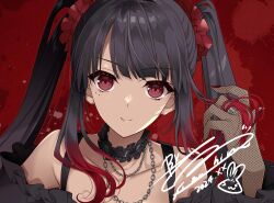  black_hair chain_necklace chains dress female fishnet_gloves fishnets gloves gradient_hair hand_in_own_hair highres jewelry looking_at_viewer mole mole_under_eye multicolored_hair necklace nijisanji nijisanji_en off-shoulder_dress off_shoulder red_eyes scarle_yonaguni scarle_yonaguni_(4th_costume) smile solo suzuhira_hiro twintails virtual_youtuber 