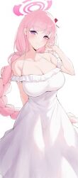  alternate_costume blue_archive breasts collarbone commission dress eimi_(blue_archive) female frilled_dress frills halo highres large_breasts pink_hair pink_halo purple_eyes simple_background solo white_background white_dress xooku 