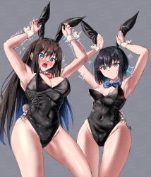  2girls absurdres animal_ears aozaki_aoko black_hair black_leotard blue_bow blue_bowtie blue_eyes bow bowtie commentary_request detached_collar grey_background grey_eyes highres kuonji_alice leotard long_hair mahou_tsukai_no_yoru multiple_girls playboy_bunny rabbit_ears rabbit_pose rabbit_tail red_bow red_bowtie short_hair side-tie_leotard strapless strapless_leotard tail trembling upper_body wrist_cuffs yujin_(kanouyuuto-0423) 