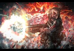  bandolier belt black_gloves bleeding bleeding_from_forehead blonde_hair blood blood_on_arm blood_on_face blue_eyes bulletproof_vest determined dust_cloud embers explosion female fire firing gloves goddess_of_victory:_nikke gun headphones heterochromia hetza_(hellshock) holding holding_gun holding_weapon letterboxed long_hair muscular muscular_female open_mouth pinne_(nikke) ponytail product_23_(nikke) red_eyes shell_casing shirt solo tactical_clothes torn_clothes torn_shirt v-shaped_eyebrows weapon 