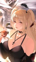  2girls amane_misa apple black_dress black_sleeves breasts chain_necklace chains cleavage closed_mouth cross cross_earrings cross_necklace death_note detached_sleeves dress earrings food fruit highres holding holding_food holding_fruit jewelry lace-up large_breasts looking_at_viewer multiple_girls necklace nixiedus red_eyes rem_(death_note) sleeveless sleeveless_dress solo_focus two_side_up upper_body 