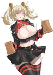  beer_mug belt black_gloves black_jacket black_skirt black_thighhighs black_tube_top blonde_hair blush breasts burnice_white cleavage cup female gloves hair_ornament highres jacket large_breasts long_hair long_sleeves midriff mug navel open_mouth red_eyes skirt solo strapless thighhighs thighs torahime_(roland00) tube_top twintails zenless_zone_zero 