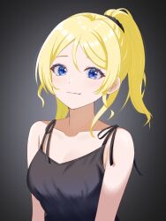  ayase_eli black_background black_camisole black_scrunchie blonde_hair blue_eyes breasts camisole cleavage closed_mouth commentary female gradient_background hair_ornament hair_scrunchie high_ponytail highres large_breasts light_blush looking_at_viewer love_live! love_live!_school_idol_project medium_hair parted_bangs ponytail radial_gradient_background scrunchie sidelocks simple_background smile solo split_mouth strawberryhat upper_body 