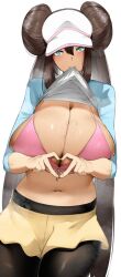  alternate_breast_size black_pantyhose blue_sleeves bra breasts clothes_in_mouth double_bun female green_eyes hair_between_eyes hair_bun heart heart_hands highres huge_breasts long_hair mouth_hold navel pantyhose pink_bra pokemon pokemon_bw2 rosa_(pokemon) shirt shirt_in_mouth shorts steaming_body sweat underwear very_long_hair visor_cap white_shirt yellow_shorts yuuyuu_(yuuki1771) 