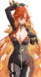  absurdly_long_hair absurdres ahoge arm_up black_bikesuit black_gloves black_jacket blush breasts collarbone colored_inner_hair commentary_request cowboy_shot cropped_jacket dokimaru earrings female genshin_impact gloves hair_between_eyes highres impossible_clothes jacket jewelry large_breasts long_hair long_sleeves looking_at_viewer mavuika_(genshin_impact) multicolored_hair open_clothes open_jacket orange_eyes orange_hair paid_reward_available parted_lips partially_unzipped simple_background smile solo sunburst_iris very_long_hair white_background yellow_pupils zipper_pull_tab 