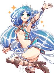  blue_hair breasts dana_iclucia dated female green_eyes hair_ornament high_heels kamaniki long_hair looking_at_viewer midriff navel open_mouth parted_bangs ribbon simple_background small_breasts smile solo twintails twitter_username underboob very_long_hair white_background ys ys_viii_lacrimosa_of_dana 