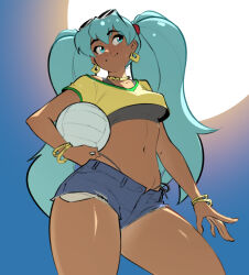  aqua_eyes aqua_hair ball bead_choker bracelet brazilian_miku breasts covered_nipples cowboy_shot earrings eyewear_on_head female from_below gold_earrings hatsune_miku holding holding_ball jewelry long_hair looking_to_the_side midriff navel outdoors psuede rectangular_earrings shorts smile solo sun sunglasses tan twintails very_long_hair vocaloid volleyball_(object) 