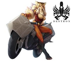  animal_ears animal_feet blonde_hair breasts claws colored_sclera colored_skin commentary eidenjyou1997 english_commentary fangs female fur_collar fur_trim genshi_tiger highres kaijin kamen_rider kamen_rider_v3_(series) logo monster_girl motor_vehicle motorcycle on_motorcycle red_eyes red_sclera simple_background solo tiger_ears tiger_girl white_background yellow_skin 