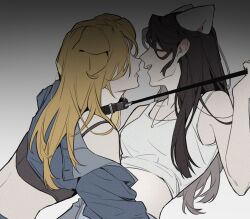  2girls akechi_(826988799) animal_ears bare_arms black_bra blonde_hair blue_jacket bra brown_hair cat_ears character_request collar commentary_request crop_top dog_ears film_grain gradient_background grey_background highres holding holding_leash jacket jewelry k-pop kemonomimi_mode korean_commentary leash long_hair multiple_girls necklace open_mouth real_life tank_top underwear white_tank_top yuri 