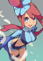  :d blue_eyes blue_footwear blue_gloves blue_shorts breasts commentary crop_top feathers female gloves highres looking_at_viewer open_mouth pakotaroh pokemon pokemon_bw red_hair short_shorts shorts skyla_(pokemon) smile solo 